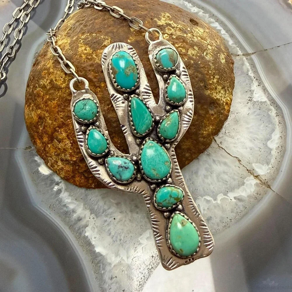 Sterling Southwestern Style Kingman Turquoise Cactus Pendant 22.5